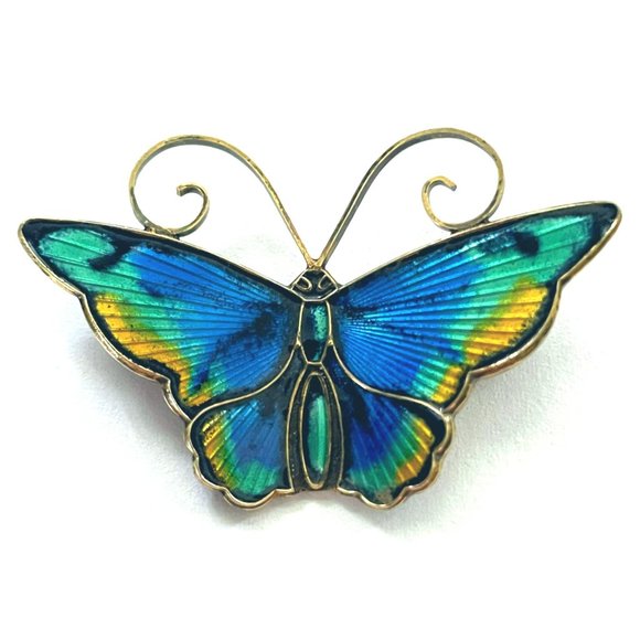 David Andersen Norway Sterling Silver Enamel Butterfly Brooch Blue Green Yellow - Picture 1 of 4